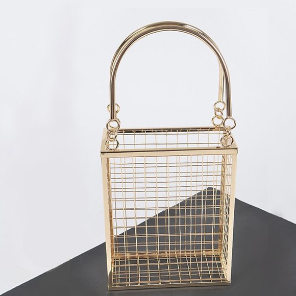 Gold Caged Metal Framed Top Handel Handbag - Picture 5 of 7